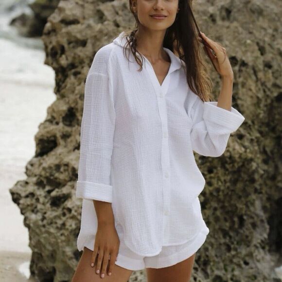 The Handloom Los Angeles Echo Maxi Shirt White Turkish Cotton Gauze One Size - Picture 1 of 13